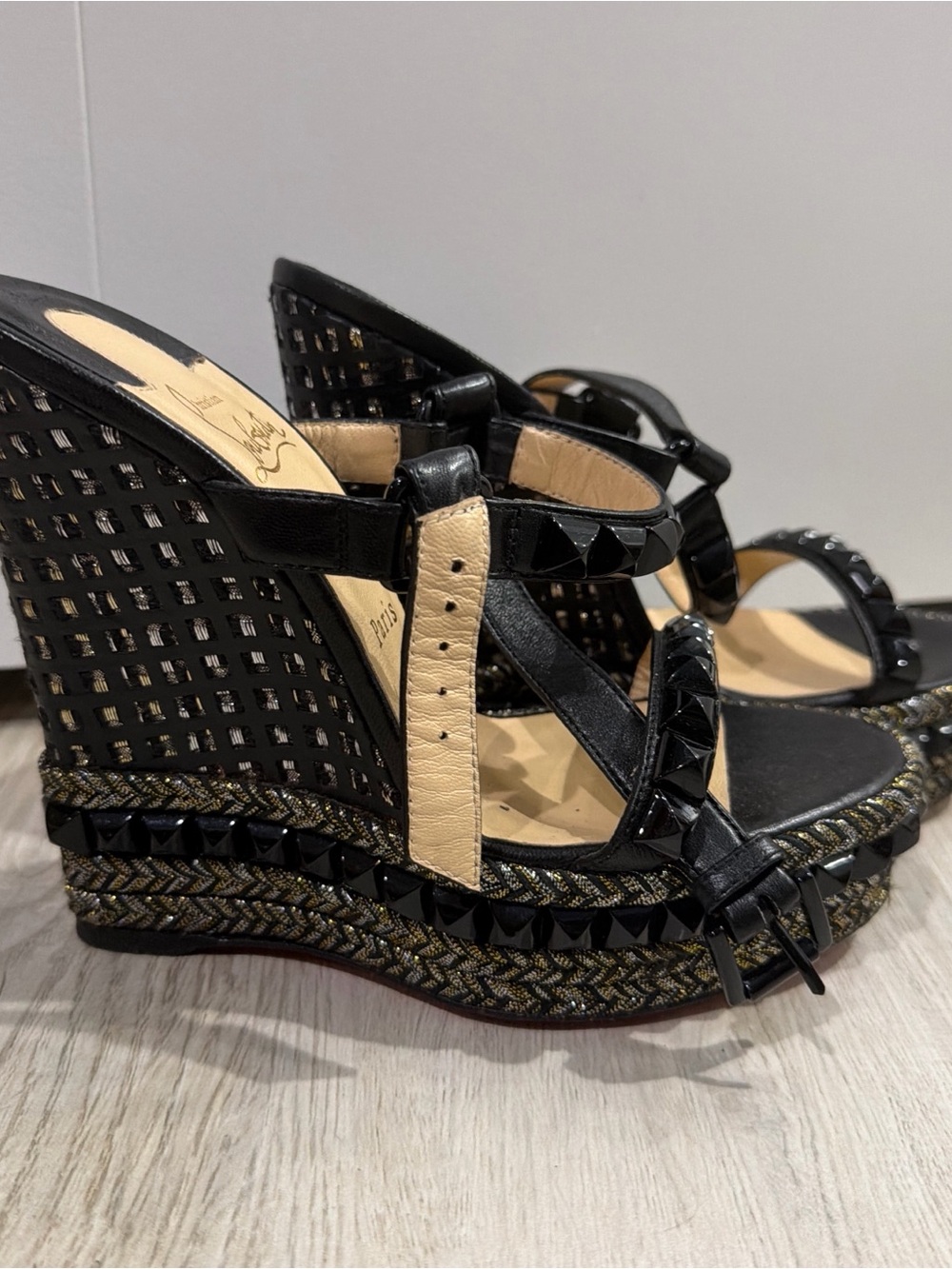 Christian Louboutin Black Studded Platform Sandals with Braided Trim - Picture 2 of 3